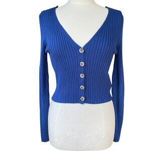 Y2K Rib Knit Button-Up Fitted Cardigan Sweater Sz L Rom Com Crop Sexy Academia